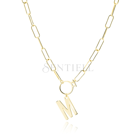 Srebrny pozłacany naszyjnik pr.925 literka M na łańcuszku z kółkiem