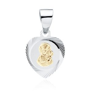 Srebrny pr. 925 diamentowany medalik serce Matka Boska Częstochowska pozłacany 19 x 10 mm