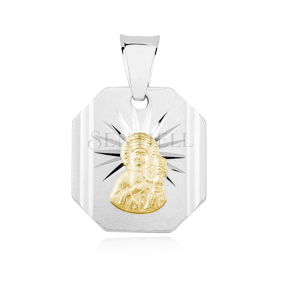Srebrny pr. 925 diamentowany medalik Matka Boska Częstochowska pozłacany 20 x 13 mm