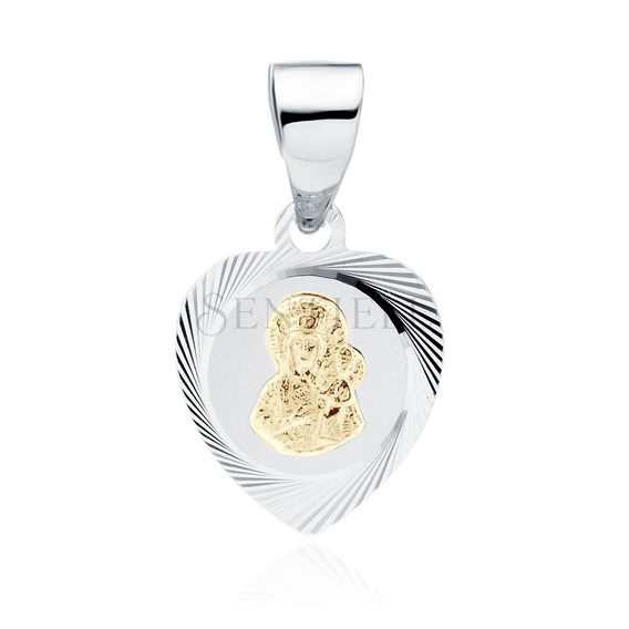 Srebrny pr. 925 diamentowany medalik serce Matka Boska Częstochowska pozłacany 19 x 10 mm