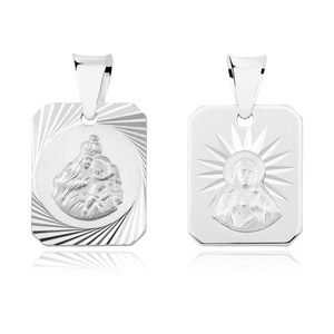 Srebrny pr. 925 rodowany medalik dwustronny Matka Boska Szkaplerzna i Jezus diamentowany 19 x 11 mm