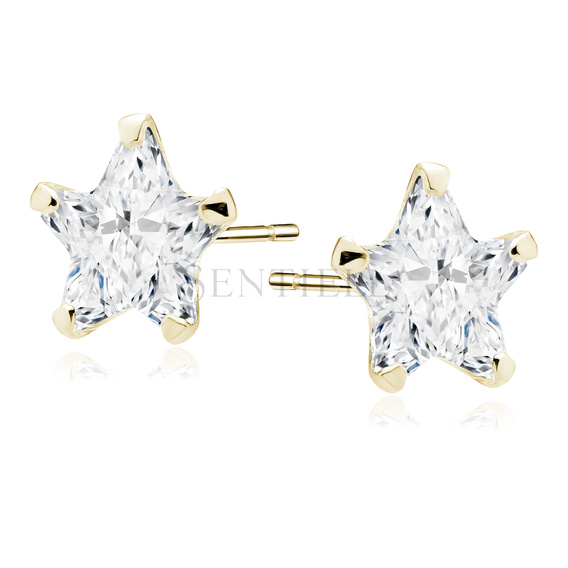 Srebrne pozłacane kolczyki pr.925 cyrkonia biała 6 x 6mm gwiazdki