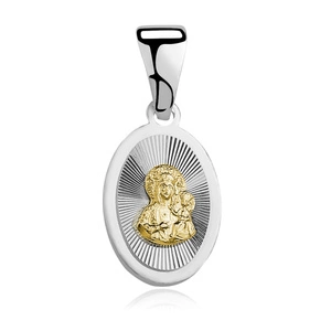 Srebrny pr. 925 diamentowany medalik Matka Boska Częstochowska 22 x 10 mm pozłacany